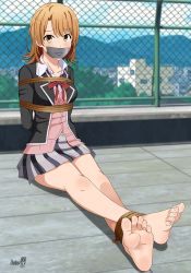 1girl absurdres arms_behind_back barefoot bdsm blush body_blush bondage bound bound_ankles breast_bondage breasts brown_eyes brown_hair collarbone gag gagged hair_between_eyes highres improvised_gag isshiki_iroha legs long_legs looking_at_viewer miniskirt open_collar ribbon rope school_uniform shadow_xcp skirt tape tape_gag toenails toes yahari_ore_no_seishun_lovecome_wa_machigatteiru.