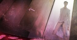 Rule 34 | 1boy, adam&#039;s apple, belt, black hair, blood, brown pants, clenched teeth, collarbone, doorway, dutch angle, facial hair, from below, highres, huke, indoors, lab coat, lapels, long sleeves, looking at another, lying, messy hair, non-web source, notched lapels, object in pocket, official art, okabe rintarou, pants, pen in pocket, pocket, ringed eyes, shirt, short hair, spoilers, standing, steins;gate, stubble, t-shirt, teeth, very short hair, white shirt, yellow eyes