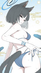 absurdres animal_ears bikini black_eyes black_tail blue_archive blue_bikini blue_halo blue_tail cat_ears cat_girl cat_tail colored_inner_animal_ears gradient_tail halo highres kikyou_(blue_archive) kikyou_(swimsuit)_(blue_archive) kyouka_asuka layered_bikini multi-strapped_bikini_bottom multiple_tails official_alternate_costume swimsuit tail two_tails