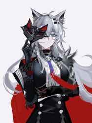 1girl absurdres animal_ears arknights black_gloves black_jacket black_skirt blue_eyes bolo_tie cape chinese_commentary closed_mouth commentary_request gloves grey_background hair_between_eyes highres holding holding_mask jacket lappland_(arknights) lappland_the_decadenza_(arknights) long_sleeves looking_at_viewer mask one_eye_covered red_cape simple_background skirt smile solo unworn_mask wolf_ears wolf_girl zhishi_mao_tiao