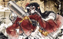 Rule 34 | 1girl, black hair, closed mouth, e-liter 4k (splatoon), expressionless, floral print, floral print kimono, flower, gucandiyi52092, hair flower, hair ornament, holding, holding weapon, inkling, inkling girl, inkling player character, japanese clothes, kimono, long hair, long sleeves, mole, mole under eye, nintendo, pointy ears, print kimono, red eyes, red kimono, single sleeve past fingers, solo, spider lily, splatoon (series), tabi, tentacle hair, weapon, wide sleeves