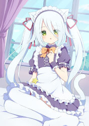 1girl :c alternate_costume animal_ear_fluff animal_ears apron black_shirt black_skirt blush bow bowtie brooch cat_ears cat_girl cat_tail collarbone commission cross-laced_clothes cross-laced_top curtains day detached_collar enmaided frilled_apron frilled_thighhighs frills green_eyes hair_between_eyes hair_ribbon highres hoshizora_no_memoria indoors jewelry long_hair maid maid_headdress mare_s._ephemeral no_shoes on_bed open_mouth orange_bow orange_bowtie petticoat pleated_skirt puffy_short_sleeves puffy_sleeves raised_eyebrows red_ribbon ribbon shirt short_sleeves sidelocks skeb_commission skirt soles solo tail thighhighs twintails tyomimas variant_set white_apron white_thighhighs window wrist_cuffs