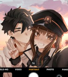 1boy 1girl black_hair blush brown_eyes brown_hair closed_eyes fate/grand_order fate_(series) fujimaru_ritsuka_(male) fujimaru_ritsuka_(male)_(summer_street) grin highres kishinami_hakuno_(female) kishinami_hakuno_(female)_(mooncancer) long_hair long_sleeves looking_at_viewer obazzotto selfie short_hair smile