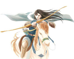1boy arrow_(projectile) black_hair bow_(weapon) braid brown_eyes cloak closed_mouth elf fingerless_gloves fingon floating_clothes floating_hair fur_trim gloves hood horse long_hair male_focus mintkim pointy_ears quiver riding simple_background sitting solo the_silmarillion tolkien&#039;s_legendarium weapon white_background white_horse