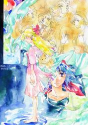 artist_request blonde_hair blue_hair braid breasts chrono_cross glenn jewelry kid_(chrono_cross) long_hair multiple_boys multiple_girls leena_(chrono_cross) riddel serge_(chrono_cross) short_hair single_braid smile harle_(chrono_cross) vest
