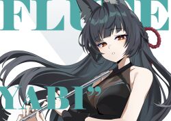 1girl absurdres alternate_costume animal_ears black_hair blunt_bangs breasts floating_hair flute fox_ears fox_girl highres holding holding_flute holding_instrument hoshimi_miyabi inapple instrument large_breasts long_hair parted_lips red_eyes sidelocks solo upper_body zenless_zone_zero