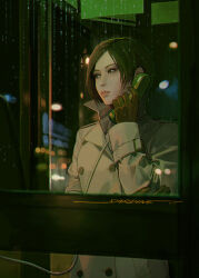Rule 34 | 1girl, ada wong, artist name, black gloves, black hair, closed mouth, coat, gloves, grey coat, grey scarf, grid print, lamppost, parted bangs, phone booth, print scarf, rain, resident evil, resident evil 4, resident evil 4 (remake), sardine (kjr0313), scarf, short hair, solo, trench coat, upper body