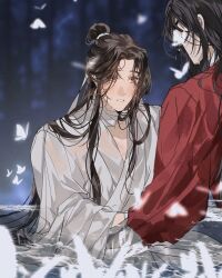 Rule 34 | 2boys, bandaged neck, bandages, bishounen, black hair, blurry, blurry background, blush, brown eyes, brown hair, bug, butterfly, chinese clothes, glowing butterfly, hair bun, hair ribbon, hanfu, highres, hua cheng, insect, long hair, long sleeves, looking at another, male focus, multiple boys, parted lips, partially submerged, ponytail, red hanfu, ribbon, robe, ronpu cooing, see-through clothes, single hair bun, sitting, tianguan cifu, upper body, very long hair, water, wet, wet clothes, wet hat, white butterfly, white hanfu, white ribbon, xie lian, yaoi