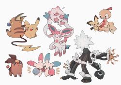 commentary_request creatures_(company) game_freak gen_1_pokemon gen_2_pokemon gen_3_pokemon gen_5_pokemon gen_6_pokemon gen_7_pokemon highres holding holding_pokemon holding_pom_poms minun mouth_hold musical_note nintendo no_humans nodori710 notice_lines pichu pikachu plusle pokemon pokemon_(creature) pom_pom_(cheerleading) pom_poms raichu scraggy standing swirlix sylveon tepig ultra_beast xurkitree