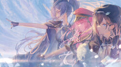 Rule 34 | armpits, betabeet, black gloves, black hat, black jacket, black skirt, blue eyes, blue hair, blue shirt, blue skirt, brown hair, cape, closed mouth, fangs, feathered wings, fingerless gloves, flower, fur trim, gloves, hair behind ear, hair between eyes, hair flower, hair ornament, hand on own hip, hat, highres, holding own wrist, jacket, jacket on shoulders, long hair, looking to the side, nijisanji, nijisanji en, open mouth, peaked cap, petra gurin, pink cape, pink eyes, pink flower, pink hair, pink hat, plaid clothes, plaid skirt, pointing, rosemi lovelock, sailor hat, selen tatsuki, shirt, sidelocks, skirt, sleeveless, twintails, very long hair, virtual youtuber, white shirt, wings
