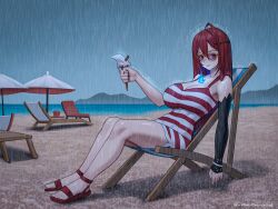Rule 34 | 1girl, abs, ahoge, black sleeves, blue fire, blue hair, breasts, chair, cleavage, closed mouth, colored inner hair, commentary, content rating, covered abs, covered navel, detached sleeves, elizabeth rose bloodflame, english commentary, fire, fire on chest, full body, hair between eyes, hand up, highres, holding, holding ice cream cone, hololive, hololive english, huge ahoge, ice cream cone, large breasts, long hair, looking at viewer, multicolored hair, official alternate costume, on chair, one-piece swimsuit, outdoors, rain, red eyes, red hair, sandals, seventeencrows, single detached sleeve, sitting, solo, striped clothes, striped one-piece swimsuit, sunglasses, swimsuit, very long hair, virtual youtuber, yellow-framed eyewear
