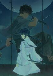 1boy 1other absurdres androgynous back black_hair black_hakama blue_eyes blue_kimono braid braided_ponytail buyaozaoqi fate/grand_order fate/samurai_remnant fate_(series) from_behind hakama highres holding holding_sword holding_weapon japanese_clothes katana kimono looking_at_viewer looking_back miyamoto_iori_(fate) moon orange_eyes profile red_pupils shirt sidelocks single_braid sword topknot weapon white_kimono yamato_takeru_(fate)