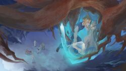 Rule 34 | 4boys, barret wallace, blonde hair, blue eyes, cloud strife, crystal, encasement, enjoutoru, final fantasy, final fantasy vii, grey hair, high up, holding another&#039;s arm, inside crystal, long hair, looking at another, male focus, multiple boys, red xiii, sephiroth, sleeveless, sleeveless turtleneck, tifa lockhart, topless male, turtleneck, yaoi