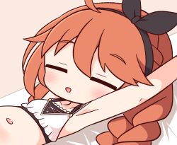 1girl :d ahoge armpits arms_up bare_shoulders bikini black_hairband black_ribbon blush braid brown_background brown_hair closed_eyes collarbone facing_viewer hair_between_eyes hair_ribbon hairband hana_kazari highres long_hair low_twintails navel open_mouth princess_connect! ribbon simple_background smile solo swimsuit twin_braids twintails upper_body white_bikini yuni_(princess_connect!) yuni_(winter)_(princess_connect!)