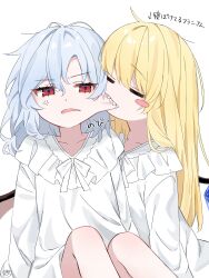 2girls absurdres alternate_costume anger_vein angry bat_wings biting blonde_hair blue_hair closed_eyes crystal crystal_wings dress flandre_scarlet highres homura_(homura_me) long_hair long_sleeves looking_at_viewer multiple_girls no_headwear open_mouth red_eyes remilia_scarlet sharp_teeth siblings signature simple_background sisters sleeping sleepwear teeth touhou translation_request very_long_hair white_background white_dress wings