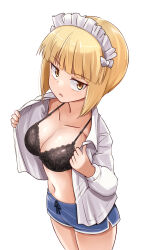 1girl black_bra blonde_hair blue_shorts blunt_bangs bob_cut bra breasts cleavage commentary_request commission cowboy_shot cutlass_(girls_und_panzer) dolphin_shorts dress_shirt girls_und_panzer highres kitayama_miuki long_sleeves looking_at_viewer maid_headdress medium_breasts navel open_clothes open_mouth open_shirt opened_by_self partial_commentary shirt short_hair shorts simple_background skeb_commission solo standing underwear undressing white_background white_shirt yellow_eyes