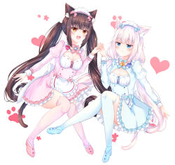 Rule 34 | 2girls, :3, :d, animal ear fluff, animal ear legwear, animal ears, apron, arm at side, back bow, bell, blue bow, blue bowtie, blue eyes, blue footwear, blue shirt, blue skirt, blunt bangs, blush, bow, bowtie, breasts, brown eyes, brown hair, buttons, cat ear legwear, cat ear thighhighs, cat ears, cat girl, cat tail, cat thighhighs, character name, chocola (nekopara), cleavage, cleavage cutout, closed mouth, clothing cutout, commentary, eyes visible through hair, fingernails, frilled apron, frilled skirt, frills, full body, fusse, hair bow, hand up, happy, heart, heart button, highres, holding hands, interlocked fingers, jingle bell, juliet sleeves, knees together feet apart, long hair, long sleeves, looking at viewer, low twintails, medium breasts, multiple girls, name tag, neck bell, nekopara, open mouth, pink bow, pink bowtie, pink skirt, pink thighhighs, puffy sleeves, red footwear, shirt, siblings, sidelocks, simple background, sisters, sitting, skirt, slit pupils, small breasts, smile, split mouth, tail, thighhighs, twins, twintails, vanilla (nekopara), very long hair, waist apron, white apron, white background, white bow, white hair, white thighhighs, zettai ryouiki
