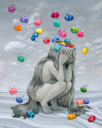 1girl bee bug camilla_d&#039;errico cloud cloudy_sky colored_skin completely_nude covered_face feet grey_hair grey_skin highres insect long_hair nude original painting_(medium) sky squatting surreal tiptoes toes traditional_media very_long_hair