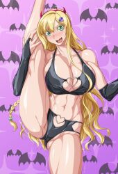 1girl bat_background bikini black_bikini blonde_hair breasts green_eyes hair_ornament heart highres horns large_breasts long_hair looking_at_viewer navel original ozaneko pink_background skull_hair_ornament smile solo swimsuit very_long_hair zoids