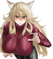 1girl absurdres animal_ear_fluff animal_ears aqua_eyes barghest_(fate) blonde_hair blush breasts closed_eyes closed_mouth crossed_bangs fate/grand_order fate_(series) frown hair_between_eyes hand_up heterochromia highres huge_breasts kamisato_sora kemonomimi_mode long_hair long_sleeves looking_at_viewer orange_eyes red_sweater simple_background solo sweater v-shaped_eyebrows white_background