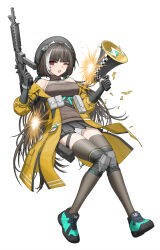 1girl absurdres aqua_shoes black_gloves black_hair black_hat black_skirt black_thighhighs breasts cheogtanbyeong colt_9mm_smg commentary_request full_body girls&#039;_frontline girls&#039;_frontline_2:_exilium gloves gun hat highres holding holding_gun holding_megaphone holding_weapon jacket knee_pads korean_commentary leaning_back medium_breasts megaphone miniskirt multicolored_hair one_eye_closed open_clothes open_jacket open_mouth panties partially_fingerless_gloves pleated_skirt red_eyes ribbed_sweater ro635_(girls&#039;_frontline) ro635_(mod3)_(girls&#039;_frontline) shoes simple_background skirt sleeveless sleeveless_sweater solo streaked_hair submachine_gun sweater thighhighs turtleneck turtleneck_sweater two-tone_hair underwear weapon white_background white_hair white_panties yellow_jacket