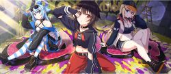 3girls :o adjusting_eyewear aqua_(konosuba) arm_on_knee bare_legs baseball_cap belt belt_collar black_belt black_choker black_garter_straps black_gloves black_hat black_jacket black_shoes black_skirt blonde_hair blue_eyes blue_hair blue_shorts breasts brick_wall brown_hair chain choker cleavage closed_mouth collar collarbone contemporary criss-cross_halter darkness_(konosuba) denim denim_shorts eyewear_on_head fingerless_gloves game_cg garter_straps gloves gold_chain graffiti hair_ornament hair_rings halterneck hand_on_eyewear hand_on_own_cheek hand_on_own_face hat highres jacket jewelry kneeling kono_subarashii_sekai_ni_shukufuku_wo! konosuba!_fantastic_days ladder lens_flare long_hair long_sleeves looking_at_viewer medium_breasts megumin midriff multicolored_jacket multiple_girls navel necklace o-ring o-ring_choker off_shoulder official_art on_floor pants parted_lips red_eyes red_pants shoes short_hair_with_long_locks shorts single_hair_ring sitting skirt smile sparkle stepladder streetwear striped_clothes striped_thighhighs sunglasses sunlight thighhighs third-party_source torn_clothes torn_shorts two-tone_jacket white_jacket