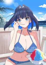 Rule 34 | 1girl, alternate costume, beach, bikini, blue bikini, blue eyes, blue hair, blue sky, breasts, cleavage, collarbone, commentary, earrings, eating, food, hair intakes, highres, holding, holding spoon, hololive, hololive english, jewelry, large breasts, ouro kronii, outdoors, parted lips, shaved ice, short hair, sitting, sky, smile, solo, spoon, sun, swimsuit, symbol-only commentary, user ckjz8743, virtual youtuber