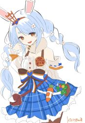 1girl :d animal_ear_fluff animal_ears bare_shoulders blue_hair blue_skirt bow braid breasts brown_pantyhose commentary_request flower frilled_skirt frills hair_flower hair_ornament hand_up highres hololive kiritoma long_sleeves multicolored_hair off-shoulder_shirt off_shoulder open_mouth orange_eyes pantyhose plaid_clothes plaid_skirt puffy_long_sleeves puffy_sleeves rabbit-shaped_pupils rabbit_ears shirt short_eyebrows signature simple_background skirt sleeves_past_wrists small_breasts smile solo striped_bow symbol-shaped_pupils thick_eyebrows twin_braids twintails two-tone_hair usada_pekora usada_pekora_(reality_fantasy) virtual_youtuber white_background white_flower white_hair white_shirt