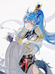 1girl arknights blue_eyes blue_hair chunbuchou cup earrings fingerless_gloves fur_trim gloves highres holding holding_cup horns jewelry ling_(arknights) long_hair long_sleeves looking_at_viewer necktie pelvic_curtain pointy_ears sidelocks solo tail tassel tassel_earrings very_long_hair wide_sleeves yellow_necktie