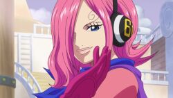 10s 1boy 1girl 2017 animated black_hair blue_neckerchief blue_shorts breasts butterfly_wings cleavage closed_eyes curly_eyebrows dress gloves hair_over_one_eye headphones hetero insect_wings kiss large_breasts lips lipstick makeup monkey_d._luffy neckerchief one_eye_covered one_piece open_clothes open_mouth open_shirt pink_dress pink_gloves pink_hair pink_lips thick_lips poison purple_eyes red_shirt saliva saliva_trail sandals sash scar scar_on_chest scar_on_face shirt short_hair shorts smile smoke sound tagme tongue tongue_out video vinsmoke_reiju wings
