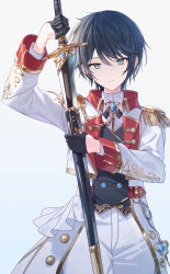 Rule 34 | 1girl, absurdres, black gloves, black hair, blue eyes, blue gemstone, commentary, dot nose, earrings, epaulettes, gem, gloves, highres, holding, holding sword, holding weapon, hoshino ichika (project sekai), jacket, jewelry, leo/need (project sekai), long sleeves, looking at viewer, military jacket, military uniform, mixed-language commentary, official alternate costume, official alternate hair length, official alternate hairstyle, project sekai, relax teatime (project sekai), scabbard, sheath, simple background, solo, sword, timmoo, unsheathing, weapon, white background