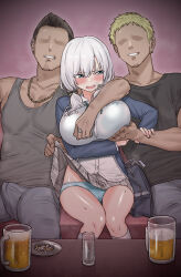 1girl 2boys absurdres akkgsyk alcohol arm_around_shoulder ars_almal ashtray bag beer beer_mug blonde_hair blue_eyes blue_panties blush bra_visible_through_clothes breasts brown_hair bulge clothes_lift cup faceless faceless_male grabbing_another&#039;s_breast grey_hair grey_skirt grin groping highres large_breasts lifting_another&#039;s_clothes mug multiple_boys nijisanji panties sexual_harassment shirt sitting skirt skirt_lift smile underwear virtual_youtuber white_shirt
