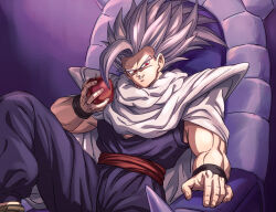 1boy apple armor boriroba cape commentary_request dougi dragon_ball dragon_ball_super dragon_ball_super_super_hero floating_hair food fruit gohan_beast grey_hair grin highres holding holding_food holding_fruit knee_up looking_at_viewer looking_to_the_side male_focus muscular muscular_male pauldrons purple_background purple_dougi red_eyes short_hair shoulder_armor single_bang sitting sitting_on_throne smile solo son_gohan spiked_hair sweatband throne toriyama_akira_(style) white_cape