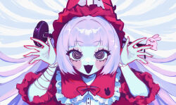 Rule 34 | 1girl, @ @, arms up, bandaged arm, bandages, blush stickers, bow, bowtie, commentary, hair intakes, headdress, highres, indie virtual youtuber, lobotomybunny (vtuber), looking at viewer, nonsensemanna, open mouth, portrait, purple hair, sidelocks, smile, solo, straight-on, virtual youtuber