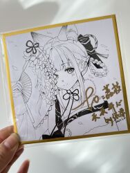 absurdres animal_ear_fluff animal_ears artist_name bow braid braided_hair_rings chinese_clothes chinese_commentary closed_mouth commentary_request commission commissioner_name dated eyelashes flower_brooch folding_fan fox_ears fur-trimmed_sleeves fur_scarf fur_trim greyscale hair_bow hair_ornament hair_ribbon hair_rings hand_fan hanfu happy highres holding holding_fan light_blush long_sleeves looking_at_viewer monochrome neck_ribbon nikki_(series) one_eye_covered petals photo_(medium) ribbon short_hair_with_long_locks sleeves_past_wrists smile tassel tassel_hair_ornament traditional_media zhike_tangjiang