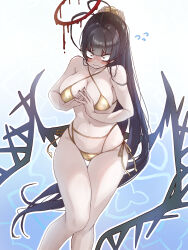 1girl alternate_costume antenna_hair bare_legs bikini black_hair black_wings blue_archive blush breasts collarbone commentary criss-cross_halter feet_out_of_frame flying_sweatdrops furrowed_brow gold_bikini halo halterneck highres hug komena_(shinyday312) large_breasts long_hair melting_halo navel outline own_hands_together ponytail red_eyes side-tie_bikini_bottom solo steepled_fingers stomach swimsuit thigh_gap tsurugi_(blue_archive) very_long_hair white_outline wide-eyed wings
