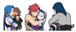 4girls :d arcane:_league_of_legends arcane_jinx arcane_vi arm_tattoo asymmetrical_bangs bandaged_arm bandages bare_shoulders black_hair black_shirt blue_hair bowwow_(hamju94) caitlyn_(league_of_legends) cloud_tattoo crop_top cropped_torso fingerless_gloves gloves grin highres hug isha_(arcane) jinx_(league_of_legends) league_of_legends long_hair multiple_girls open_mouth shirt siblings simple_background sisters smile striped_sleeves tattoo teeth upper_body vi_(league_of_legends) white_background