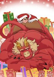 2boys absurdres anilingus anilingus_through_clothes arched_back arm_rest ass bara beard black_hair blank_eyes colored_skin curled_horns demon_boy demon_horns facial_hair fingernails forked_eyebrows furry furry_male furry_with_non-furry gardie_(otsukimi) hand_on_another&#039;s_ass hands_on_ground hat heart heart_print highres horns huge_ass interspecies kouhei_(otsukimi) large_hands legs_apart lion_hair looking_at_viewer male_focus multiple_boys muscular muscular_male one_eye_closed original otsukimi red_skin santa_costume santa_hat sharp_fingernails short_hair sideburns sideburns_stubble size_difference smelling smelling_ass spread_legs stretching stubble thick_eyebrows top-down_bottom-up topless_male tusks wide_spread_legs yaoi