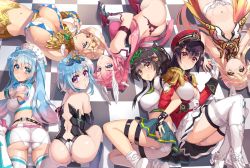 6+girls all_fours angel angel_wings ass back-to-back bare_shoulders belt black_gloves black_hair black_legwear blonde_hair blouse blue_eyes blue_hair boots braid breasts closed_mouth crop_top epaulettes frown gabriel_(nanatsu_no_bitoku) gloves gradient_hair green_skirt hair_between_eyes hat heterochromia high_heel_boots high_heels highres large_breasts locked_arms long_hair looking_at_viewer looking_back lying medium_hair metatron_(nanatsu_no_bitoku) michael_(nanatsu_no_bitoku) miniskirt multicolored_hair multiple_girls nanatsu_no_bitoku navel nurse_cap official_art on_floor on_side on_stomach panties peaked_cap pink_belt pink_hair pleated_skirt purple_eyes raphael_(nanatsu_no_bitoku) red_headwear sandalphon_(nanatsu_no_bitoku) sariel_(nanatsu_no_bitoku) shirt short_shorts shorts single_braid skirt small_breasts socks thigh_boots thigh_strap thighhighs tile_floor tiles underwear uriel_(nanatsu_no_bitoku) white_belt white_footwear white_gloves white_headwear white_legwear white_panties white_shirt white_shorts white_skirt wings yellow_eyes