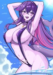 1girl absurdres areola_slip armpits arms_up blue_sky blush breasts cameltoe colored_inner_hair commentary commission coubalty cowboy_shot crossed_bangs day english_commentary facial_mark fins fish_tail hair_between_eyes heart heart_necklace highres indie_virtual_youtuber jewelry large_breasts large_variant_set long_hair looking_at_viewer mark_under_both_eyes megalodon_(vtuber) multicolored_hair navel necklace open_mouth outdoors pink_hair purple_eyes purple_hair purple_skirt purple_slingshot_swimsuit shark_girl shark_tail sharp_teeth skirt sky slingshot_swimsuit smile solo standing stomach swimsuit tail teeth thighs twitter_username upper_teeth_only variant_set very_long_hair virtual_youtuber wading wet