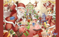 1other 3girls 4boys :3 :d antenna_hair antonio_(ragnarok_online) apron beard belt blonde_hair blue_eyes blush bonbas_(ragnarok_online) boots box braid brown_belt brown_footwear brown_hair buttons candy candy_cane carpet cat character_request chocolat_basinio christmas christmas_tree closed_eyes coat colored_skin copyright_notice creature draco_(ragnarok_online) dress eyepatch facial_hair food full_body fur-trimmed_dress fur_hat fur_trim gift gift_box goblin_(ragnarok_online) goblin_mask green_hairband green_skin grin hair_over_shoulder hairband hat highres holding holding_sack hook_hand indoors jack-o&#039;-lantern jakk_(ragnarok_online) logo long_hair looking_at_viewer louise_(ragnarok_online) merry_christmas missing_tooth multiple_boys multiple_girls mustache natsuya_(kuttuki) official_art official_wallpaper old old_man open_mouth orc orc_warrior_(ragnarok_online) pants pink_dress pink_hair pom_pom_(clothes) poring ragnarok_online red_coat red_dress red_eyes red_footwear red_hat red_pants running sack santa_claus santa_hat short_hair siamese_cat single_braid sitting slime_(creature) smile standing stormy_knight strapless strapless_dress streamers v-shaped_eyebrows white_apron white_cat white_hat white_wings wings
