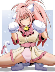 1girl ^_^ animal_ears animal_hands ascot bell blue_background blush breasts cat_ears cat_paws cat_tail closed_eyes closed_mouth dress fang full_body gluteal_fold hair_between_eyes jingle_bell large_breasts leotard long_hair looking_at_viewer melody_sinclair miso_panda paw_pose pink_hair pink_leotard pink_ribbon ponytail ribbon short_sleeves smile solo squatting tail tail_ornament tail_ribbon wide_ponytail yellow_dress yuukyuu_gensoukyoku