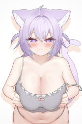 1girl ahoge animal_ears belly blush breasts cat_ears cat_girl cat_tail cleavage highres hololive large_breasts looking_at_viewer mochigomemcmc navel nekomata_okayu nekomata_okayu_(membership) official_alternate_costume panties plump purple_eyes purple_hair simple_background solo tail two_side_up underwear virtual_youtuber