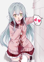 1girl @_@ absurdres aqua_hair arm_up aroused_nosebleed assault_lily blood blood_on_clothes blood_on_face blood_on_hands blood_on_leg blush bow brown_cardigan brown_sailor_collar brown_shoes buttons cardigan collarbone commentary_request crossed_bangs eeryuu_(2004107) excessive_nosebleed fingernails frilled_skirt frills green_eyes grey_background hair_between_eyes hair_bow hand_on_own_chest hand_on_wall hand_up heart highres kanba_girls_high_school_uniform knees_out_of_frame long_hair long_sleeves looking_ahead miniskirt necktie nosebleed on_one_knee parted_lips partially_unbuttoned plaid_clothes plaid_skirt red_skirt sailor_collar school_uniform serafuku shoes short_necktie sidelocks simple_background skirt solo speech_bubble spoken_heart thighhighs toki_kureha very_long_hair white_bow white_necktie white_thighhighs zettai_ryouiki