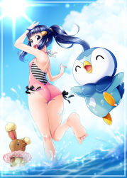 1girl ass backless_swimsuit barefoot beach blue_eyes blue_hair buneary cloud dawn_(pokemon) day female_focus gen_4_pokemon happy highres huge_ass innertube jumping kneepits long_hair looking_back nintendo one-piece_swimsuit outdoors pink_one-piece_swimsuit piplup pokemon pokemon:_arceus_and_the_jewel_of_life pokemon_(anime) pokemon_(creature) pokemon_dppt_(anime) ponytail sidelocks splashing sun swim_ring swimsuit teeth upper_teeth_only water yuino_(fancy_party)