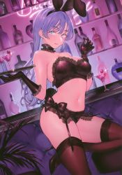 1girl :q absurdres animal_ears armpit_crease bar_(place) bare_arms bare_shoulders black_bow black_choker black_footwear black_gloves black_panties blue_eyes blush bow breasts brown_thighhighs cherry choker cleavage closed_mouth cocktail_glass crop_top cup drinking_glass dutch_angle fake_animal_ears fake_tail food frilled_choker frills fruit garter_belt gloves hairband hands_up high_heels highres holding holding_food holding_fruit holding_plate large_breasts latex long_hair looking_at_viewer midriff mole mole_under_eye navel original panties plate purple_hair rabbit_ears rabbit_tail satin satin_bra satin_panties scan sleeveless smile solo stomach strapless tail thighhighs thighs tongue tongue_out tray underwear uni_(melm)