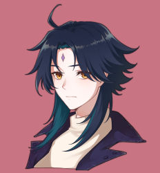 1boy ahoge black_hair brill_p closed_mouth diamond_(shape) eyes_visible_through_hair genshin_impact green_hair head highres looking_at_viewer male_focus multicolored_hair parted_bangs pink_background portrait short_hair_with_long_locks simple_background solo two-tone_hair xiao_(genshin_impact) yellow_eyes