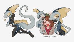 Rule 34 | 1girl, blush, bright pupils, brown eyes, brown hair, buttons, cardigan, collared dress, dress, flying sweatdrops, gen 8 pokemon, gloria (pokemon), green headwear, grey cardigan, hat, highres, inteleon, nap (eevlll), nintendo, on head, open mouth, pink dress, pokemon, pokemon (creature), pokemon on head, pokemon swsh, sobble, tam o&#039; shanter, white background, white pupils