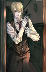1boy adjusting_clothes adjusting_gloves artist_name belt black_belt black_pants black_vest blonde_hair blurry blurry_background closed_mouth collared_shirt commentary door english_commentary feet_out_of_frame gloves hair_between_eyes hashtag-only_commentary henoopd highres indoors looking_at_viewer male_focus necktie pants photo_(object) red_eyes red_necktie shirt short_hair sleeves_rolled_up smile solo standing vest white_gloves white_shirt william_james_moriarty yuukoku_no_moriarty