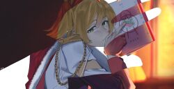 1girl aiguillette animal_sticker artist_name blonde_hair blurry blurry_background closed_mouth collared_jacket commentary daiba_nana depth_of_field dusk english_text epaulettes expressionless fingernails frog from_side fur-trimmed_jacket fur_trim green_hair grey_jacket hair_between_eyes hair_ribbon hand_on_own_face hand_up highres holding holding_notebook ibispaint_(medium) index_finger_raised jacket jacket_on_shoulders ling_(chaaaaanhikari) looking_at_viewer medium_hair notebook one_side_up red_jacket red_sleeve_cuffs revealing_layer ribbon script seishou_music_academy_uniform shoujo_kageki_revue_starlight solo translation_request upper_body white_background white_jacket